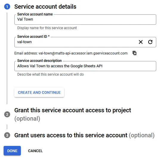 Service account setup